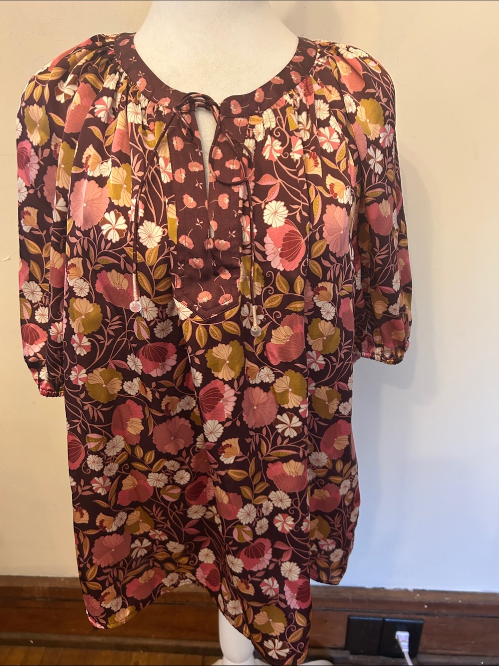 DR2 Women's Floral Peasant Short Sleeve Blouse Size L EUC